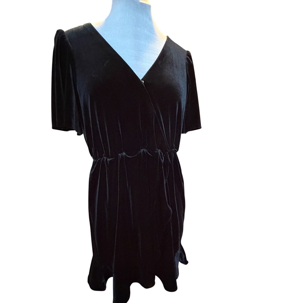 Black Velvet Flutter Sleeve Ruffle Hem‎ Mini Dress Tie WaistSize S KDR112327-D - Picture 2 of 6